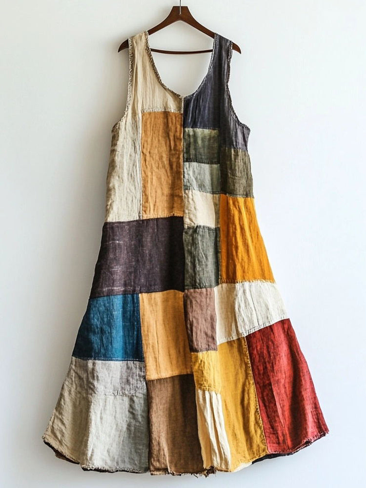 Vintage Patchwork Art Linen Blend Dress artswardrobe