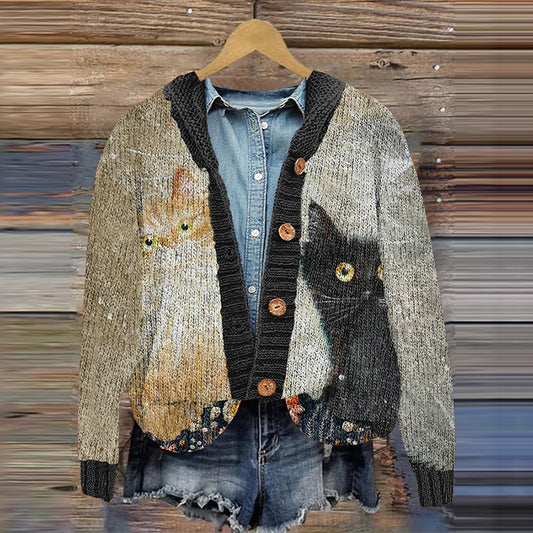 Vintage Contrast Cat Print Women's Sweater elevenforest