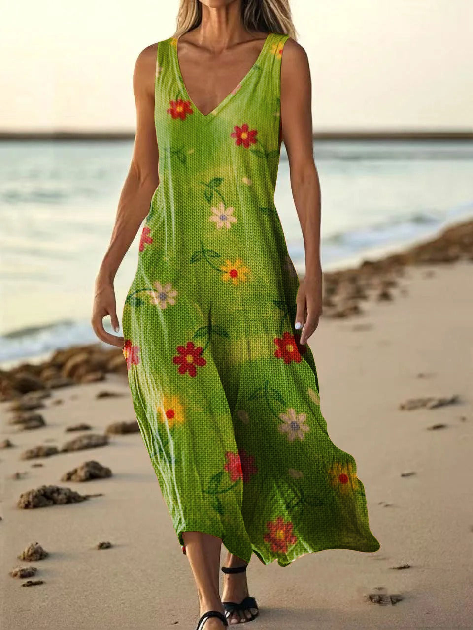 Women's Vintage Floral Art Print Pocket Cotton Dress