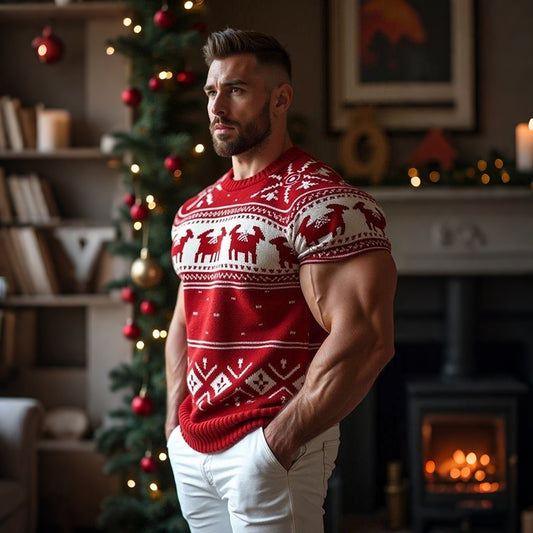 Comstylish Men's Christmas Jacquard Icelandic Art Cozy Knit Short Sleeve Sweater