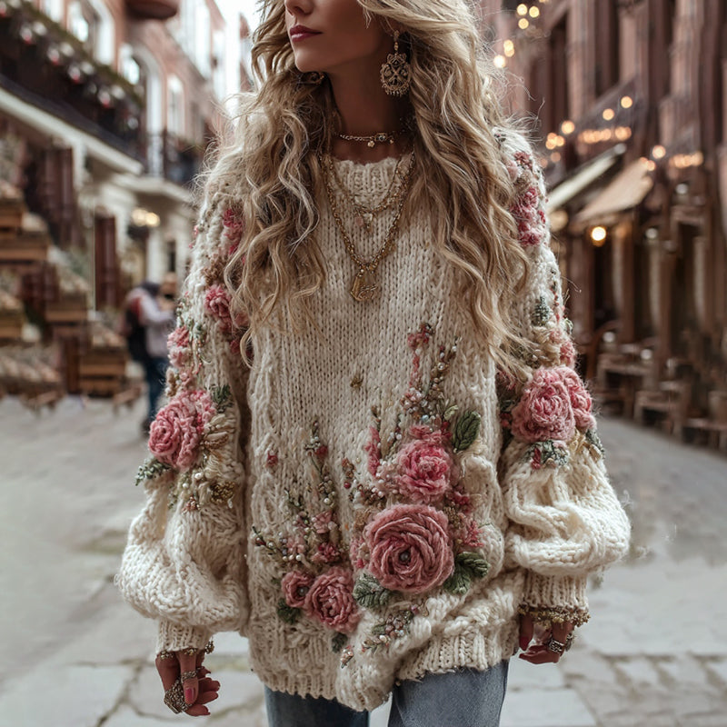 Women's Vintage Rose Floral Chunky Knit Warm Crew Neck Sweater artswardrobe
