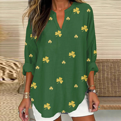 Comstylish Women's St. Patrick's Shamrock Print V-neck Linen Blend Blouse