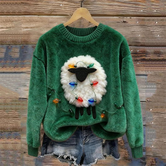 Comstylish Fuzzy Farm Sheep Christmas Lights Cozy Plush Sweatshirt