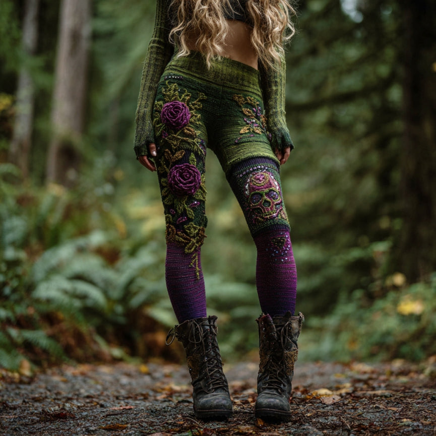 Women's Vintage Skull And Rose Patchwork Comfortable Leggings artswardrobe