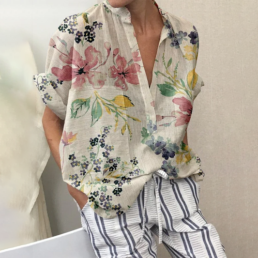 Comstylish Women's Retro Floral Pocket Patchwork Loose Casual Shirt