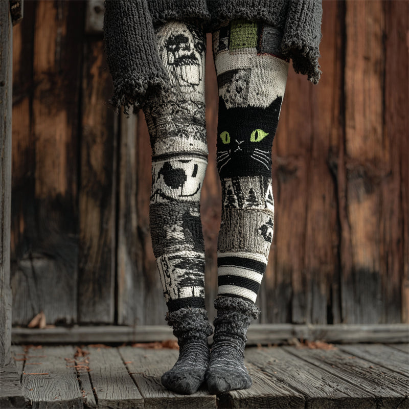 Halloween Black Cat Inspired Patchwork Cozy Knit Leggings