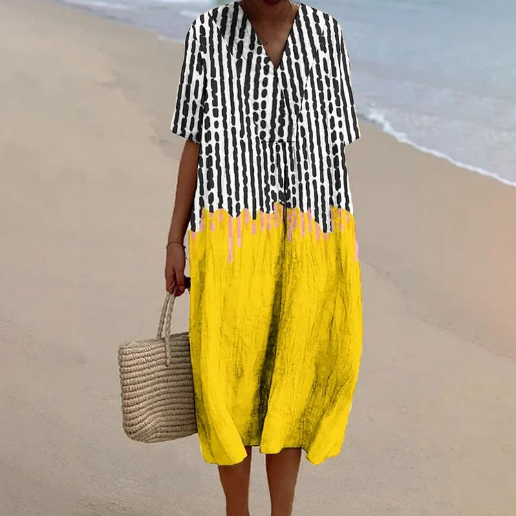 Women's Vintage Stripe Geometry Art Linen Dress artswardrobe