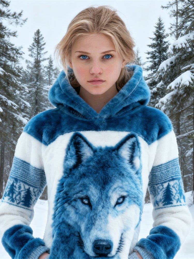Comstylish Icewolf Pattern Women's Flannel Hooded Sweatshirt