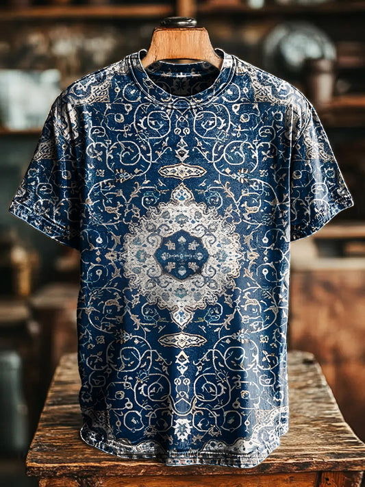 Blue Retro National Flowers pattern Vintage Art Print Casual T-shirt F