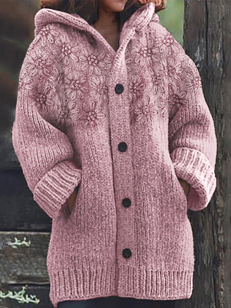 Classy 3d Floral Yoke Jacquard Cozy Knit Hooded Cardigan artswardrobe