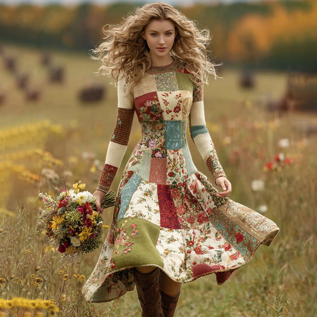 Women's Patchwork Floral Art Cozy Knit Maxi Sweater Dress