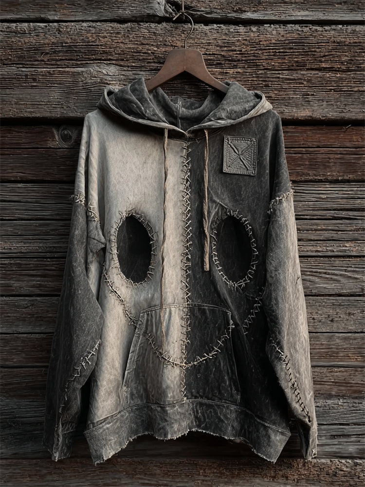 Comstylish Halloween Spooky Face Contrast Stitched Patchwork Hoodie