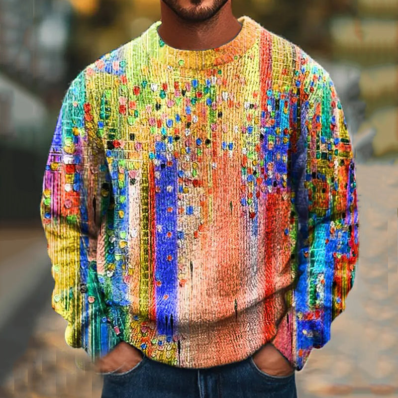 Men's Vintage Oil Painting Gradient Knitted Crew Neck Sweater artswardrobe