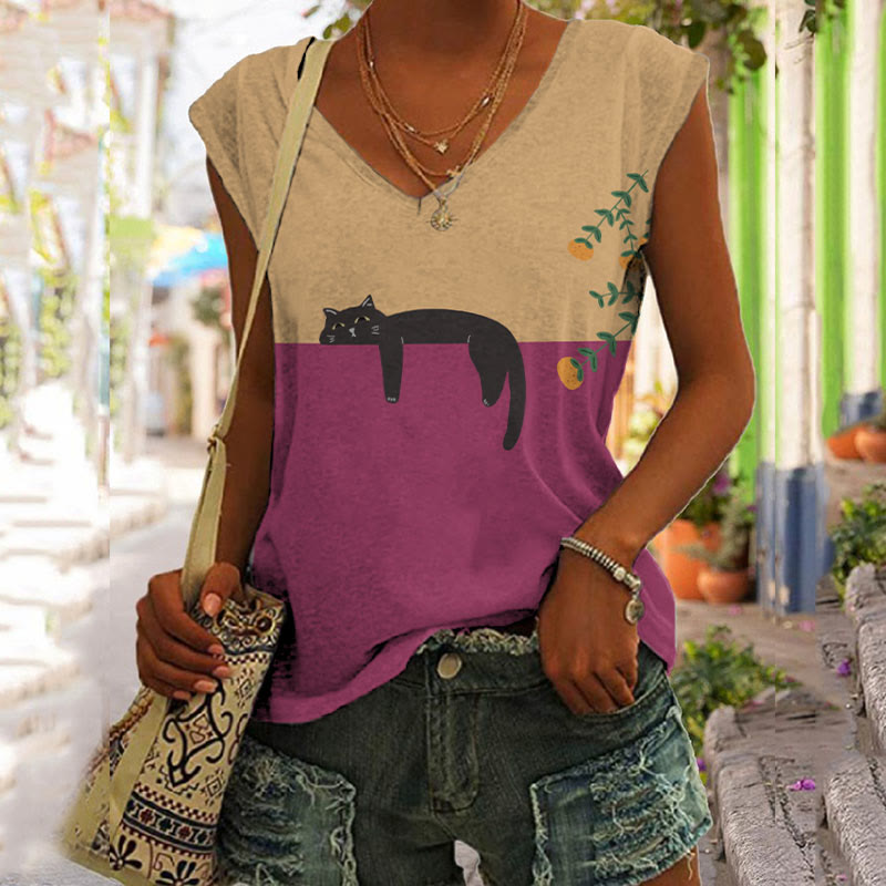 Comstylish Abstract Creative Lazy Black Cat Art Painting Art Tank Top