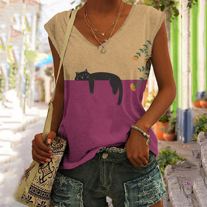 Comstylish Abstract Creative Lazy Black Cat Art Painting Art Tank Top