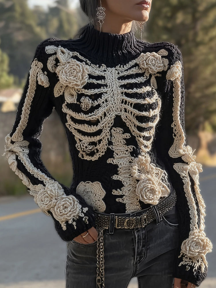 Comstylish Vintage Skeleton Roses Crochet Art Cozy Turtleneck Sweater