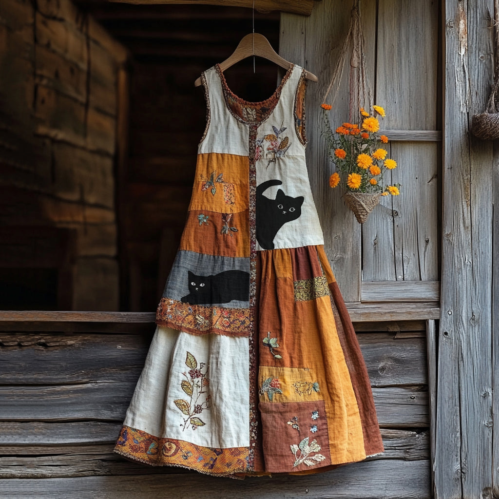 Vintage Black Cat And Floral Linen Tank Dress artswardrobe