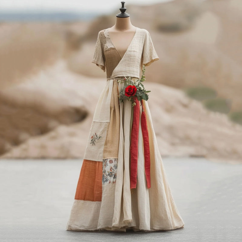 Women's Vintage Floral Patchwork Art Short Sleeve Maxi Dress artswardrobe
