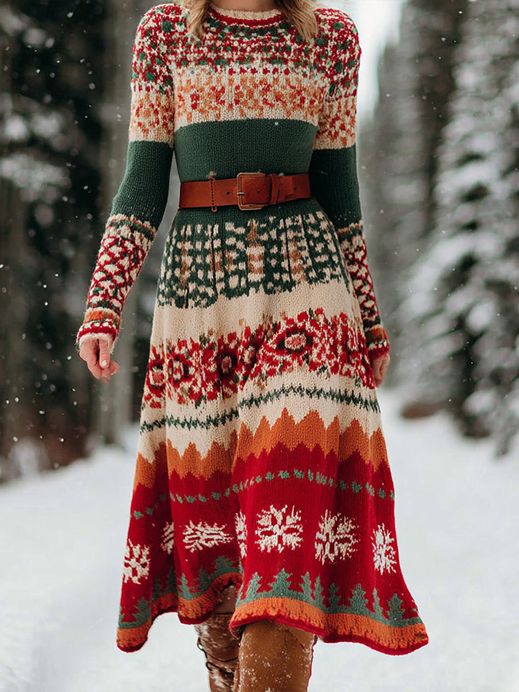 Comstylish Retro Christmas Series Women's Round Neck Knitted Sweater Dress Long Dress