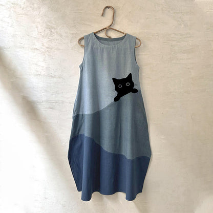 Comstylish Women's Cute Black Cat In Contrast Color Design Midi Dress