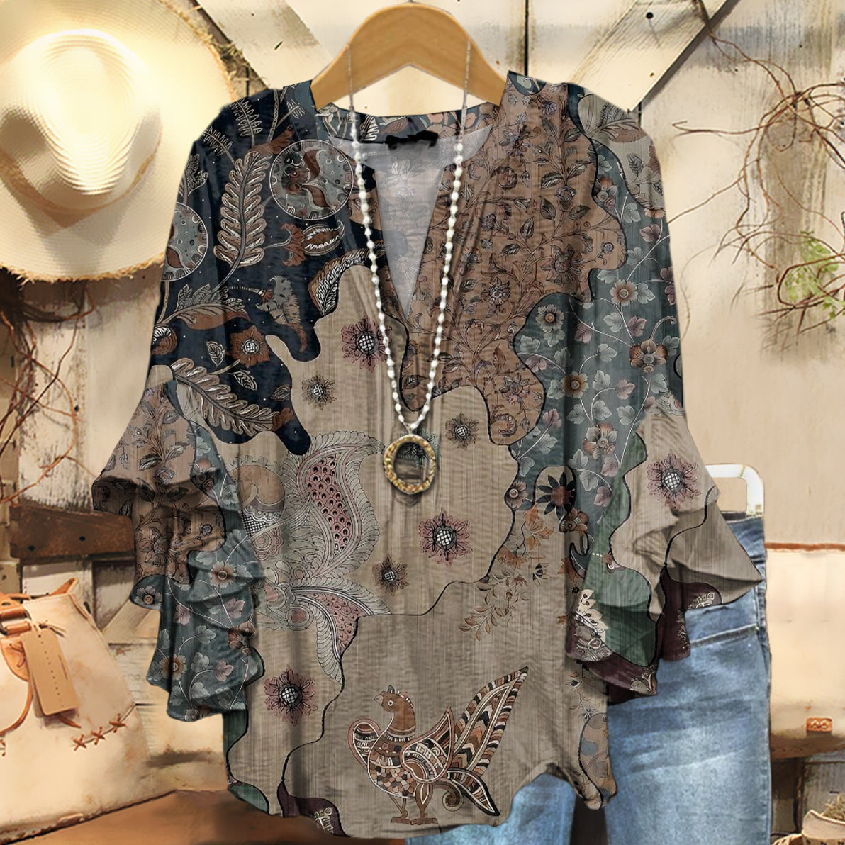 Women's Art Painting Ethnic Floral Stitching Contrast Color Retro Prin