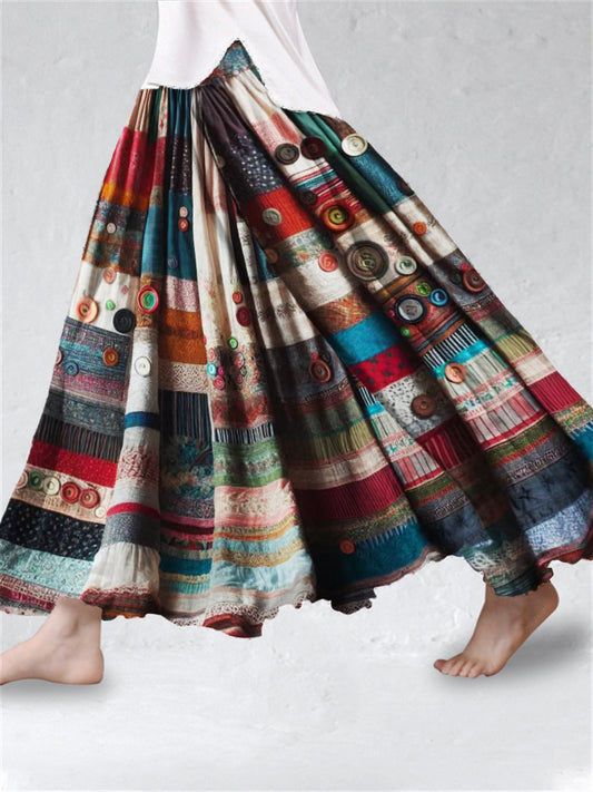 Vintage Boho Colorful Textile Flowy Wide Skirt artswardrobe