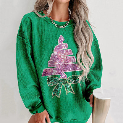 Comstylish Women's Shiny Christmas Tree Casual Print Shirt