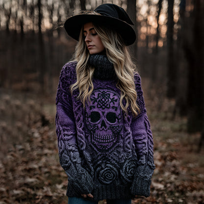 Women's Viking Tribal Jacquard Celtic With Rose And Skull Inspired Chunky Knit Hooded Sweater elevenforest