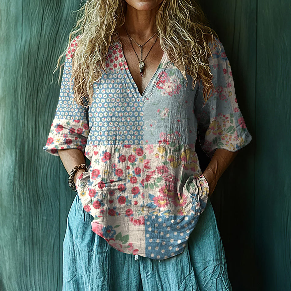 Comstylish Boho Floral Patchwork Art Print Short Sleeve V-neck Shirt