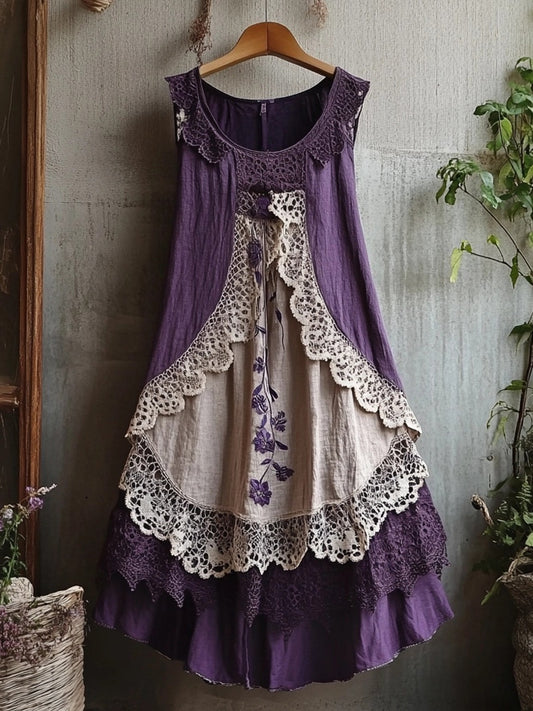 Retro Lace Patchwork Comfy Linen Tank Dress artswardrobe