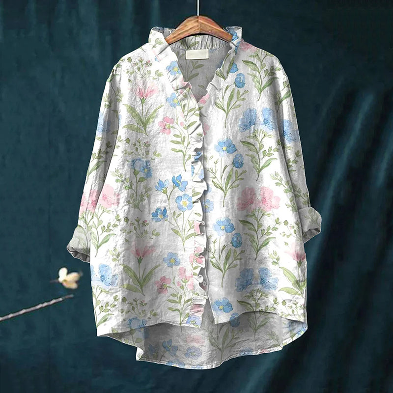 Elegant Floral Patchwork Pattern Art Linen Ruffle Shirt artswardrobe