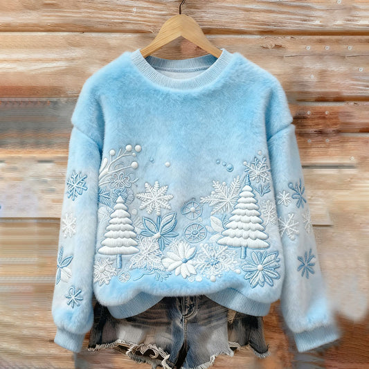 Women's Christmas Tree Embroidery Art Comfort Plush Sweatshirt