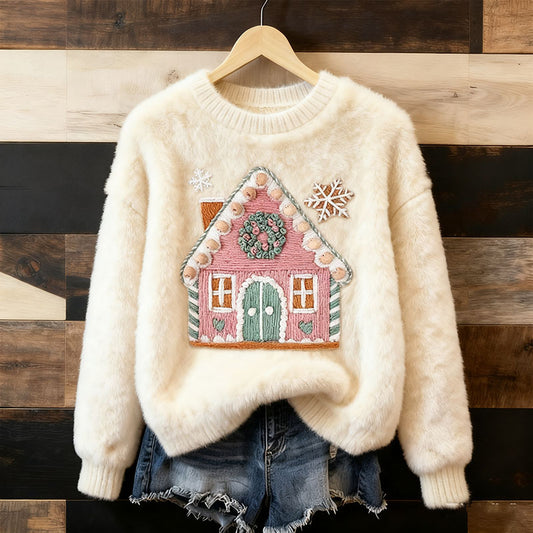 Women's Christmas Embroidery Art Comfort Plush Sweatshirt