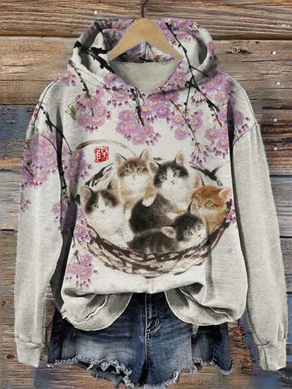 Fuzzy Cat Under Floral Tree Art Cozy Hoodie elevenforest