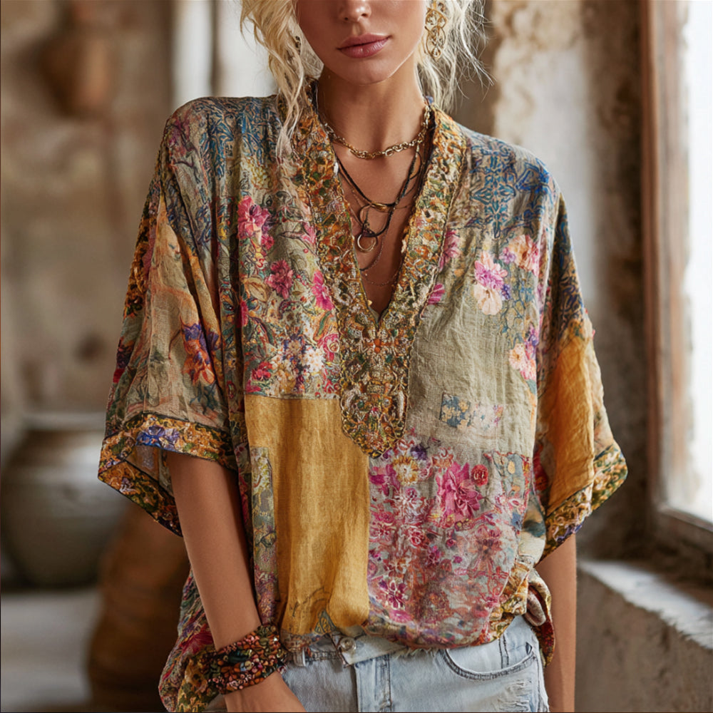 Three-dimensional Embroidery Rare Item Flower Vintage Tie-dye V-neck Short-sleeved Shirt artswardrobe