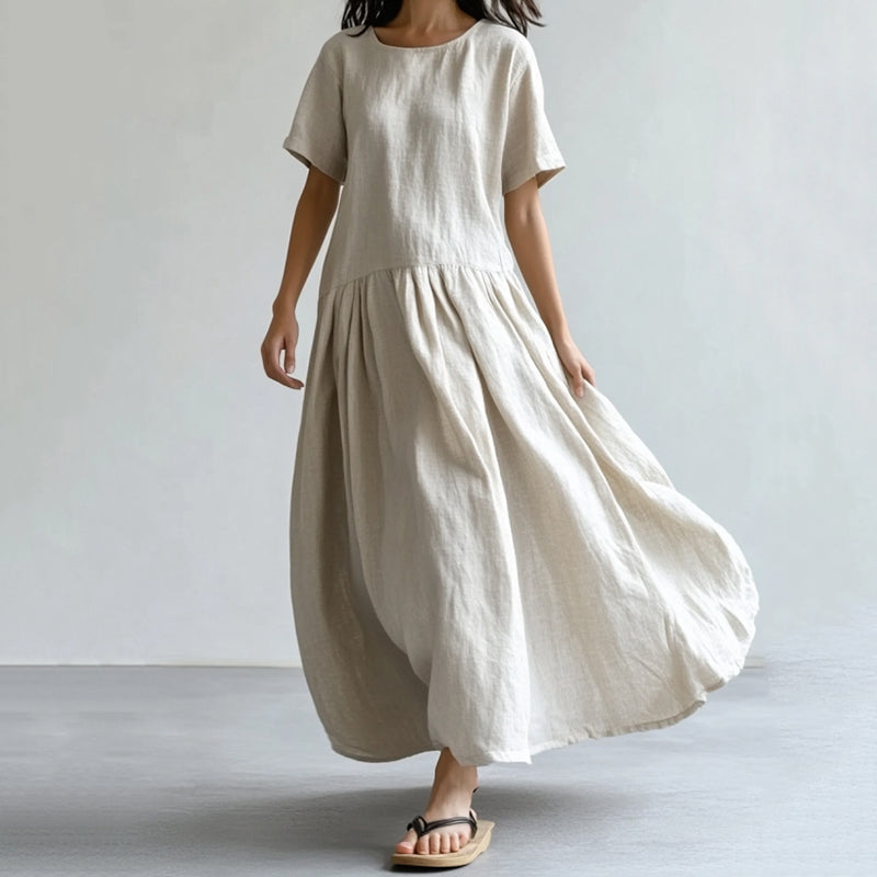Vintage Crew Neck Cotton Linen Maxi Dress artswardrobe