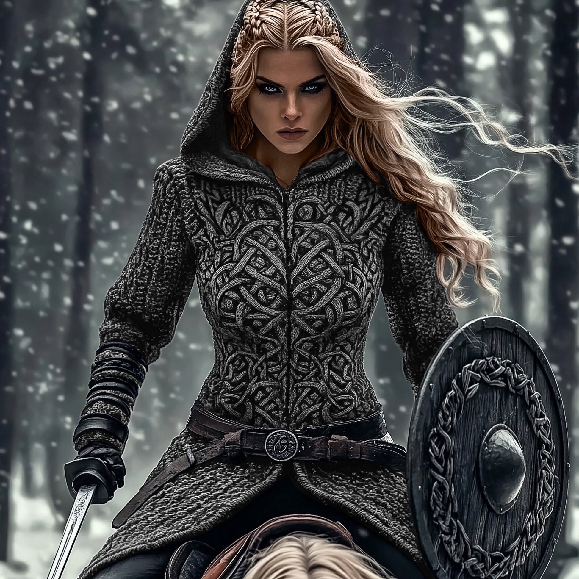 Women's Viking Tribal Jacquard Celtic Chunky Knit Zip-up Hooded Sweater artswardrobe