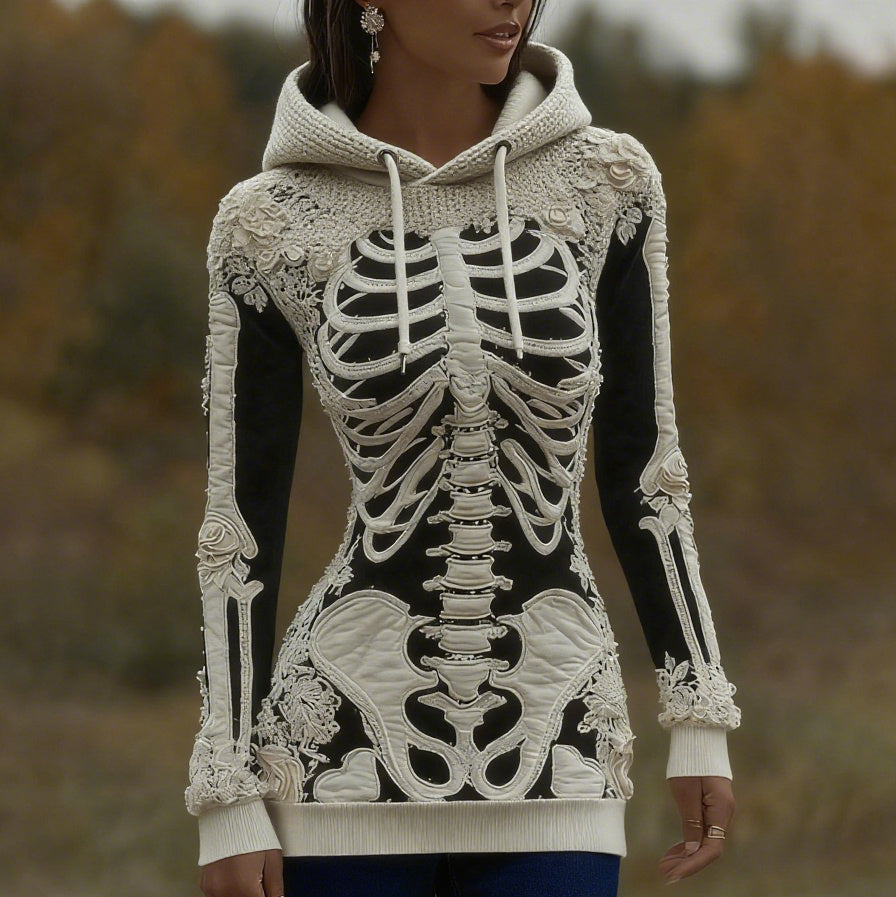Women's Halloween Skeleton Bones With Roses Art Knitted Warm Hooded Sweater artswardrobe