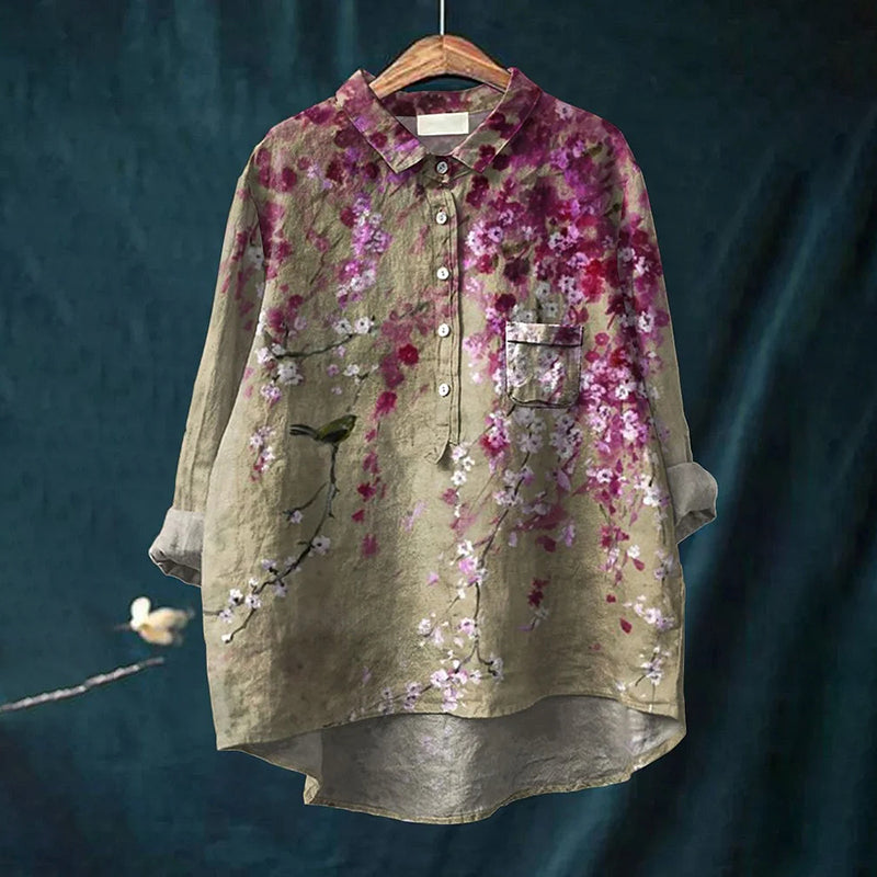 Comstylish Vintage Flower Bird Print Loose Shirt
