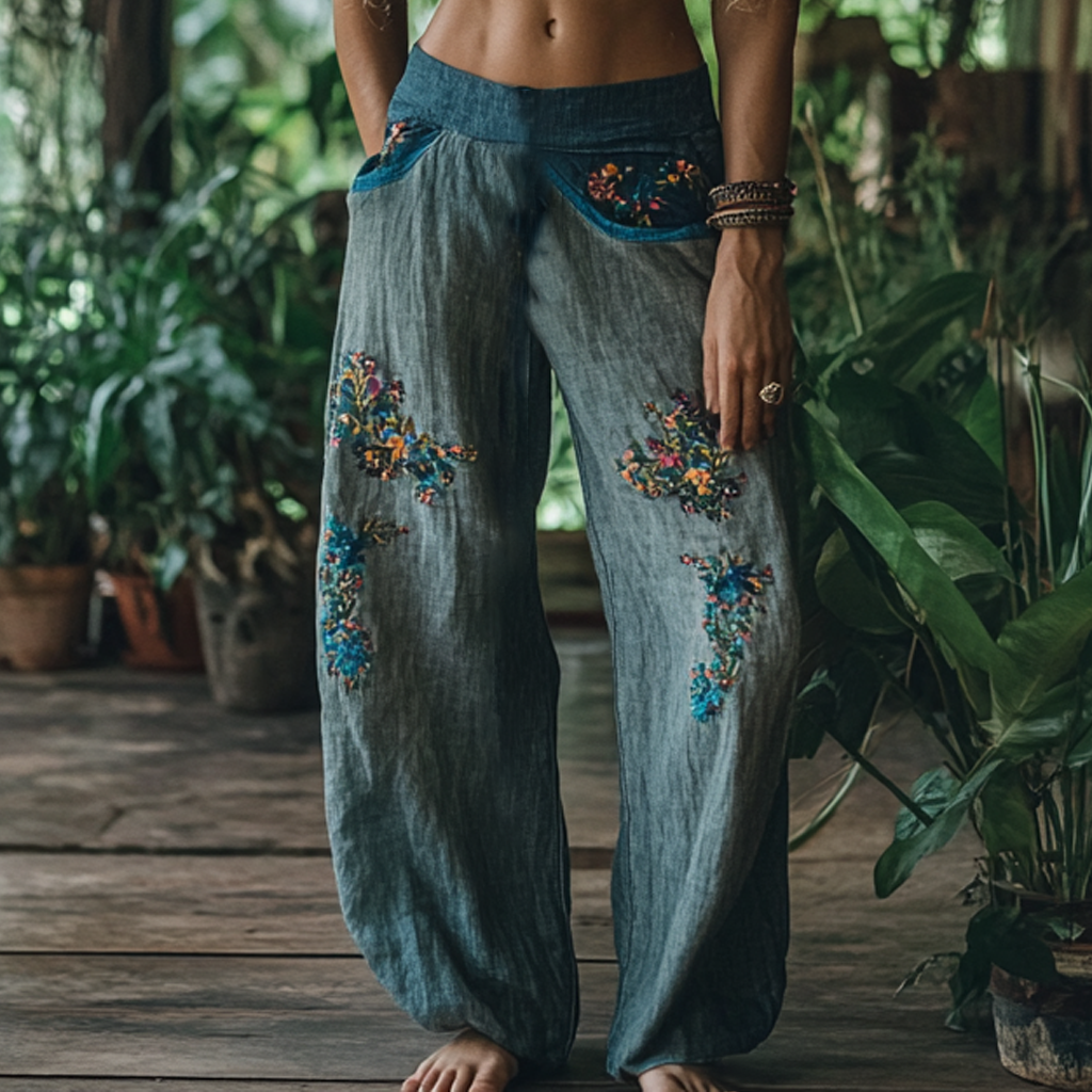 Vintage Bohemian Floral Art Printed Cotton Linen Wide Leg Pants artswardrobe