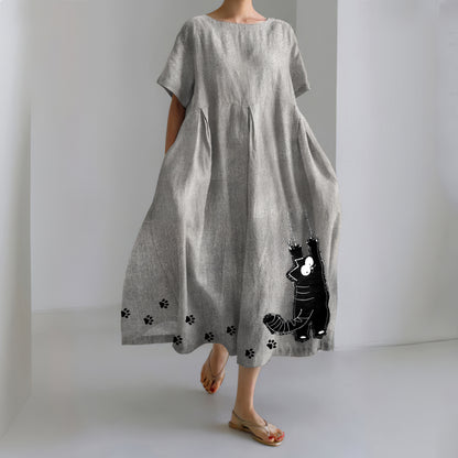 Comstylish Stretching Cat & Paw Prints Embroidered Linen Blend Maxi Dress