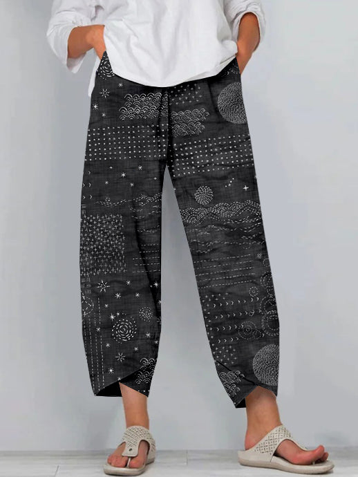 Comstylish Vintage Japanese Sashiko Art Linen Blend Cropped Casual Pants