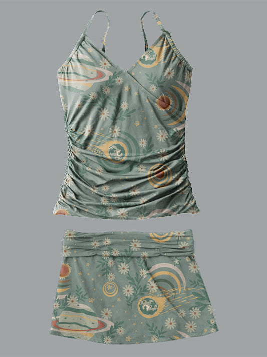 Retro Planet V-Neck Vintage Flowers Print Suspender Skirt Tankini Pantskirt Set Swimsuit