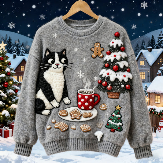 Christmas Cute Felt Cat Art Women's Knit Sweater