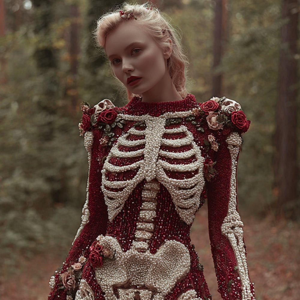 Comstylish Elegant Skull And Bloody Rose Round Neck Sweater