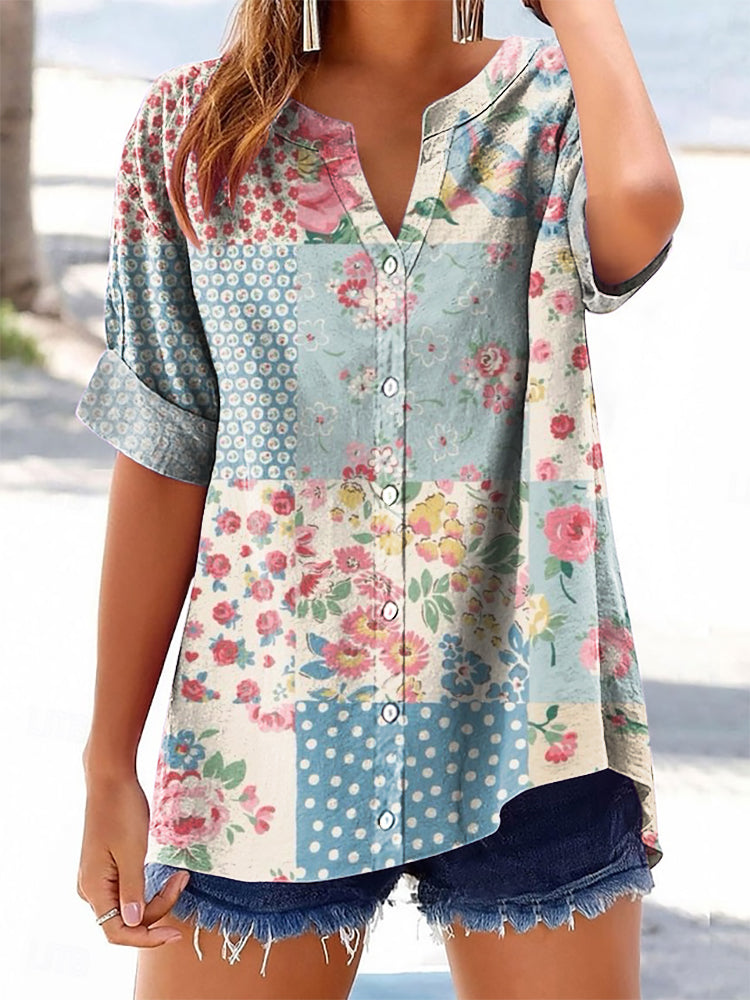 Women's Vintage Floral Patchwork Art Printed Casual Short Sleeve Cotto