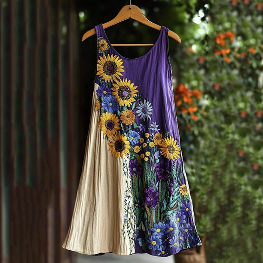 Floral Embroidered Contrast Sleeveless Tank Midi Dress artswardrobe