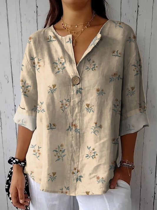 Vintage Style Simple Meadows Floral Pattern Printed Women's Casual Cotton Linen Shirt