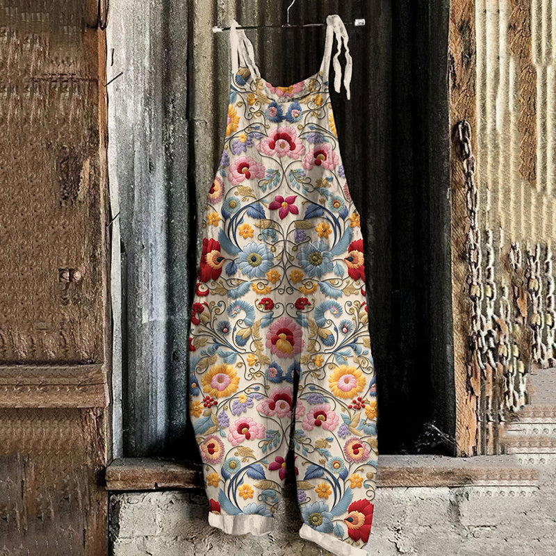 Women's Bohemian Floral Linen Print Cotton Linen Jumpsuit artswardrobe