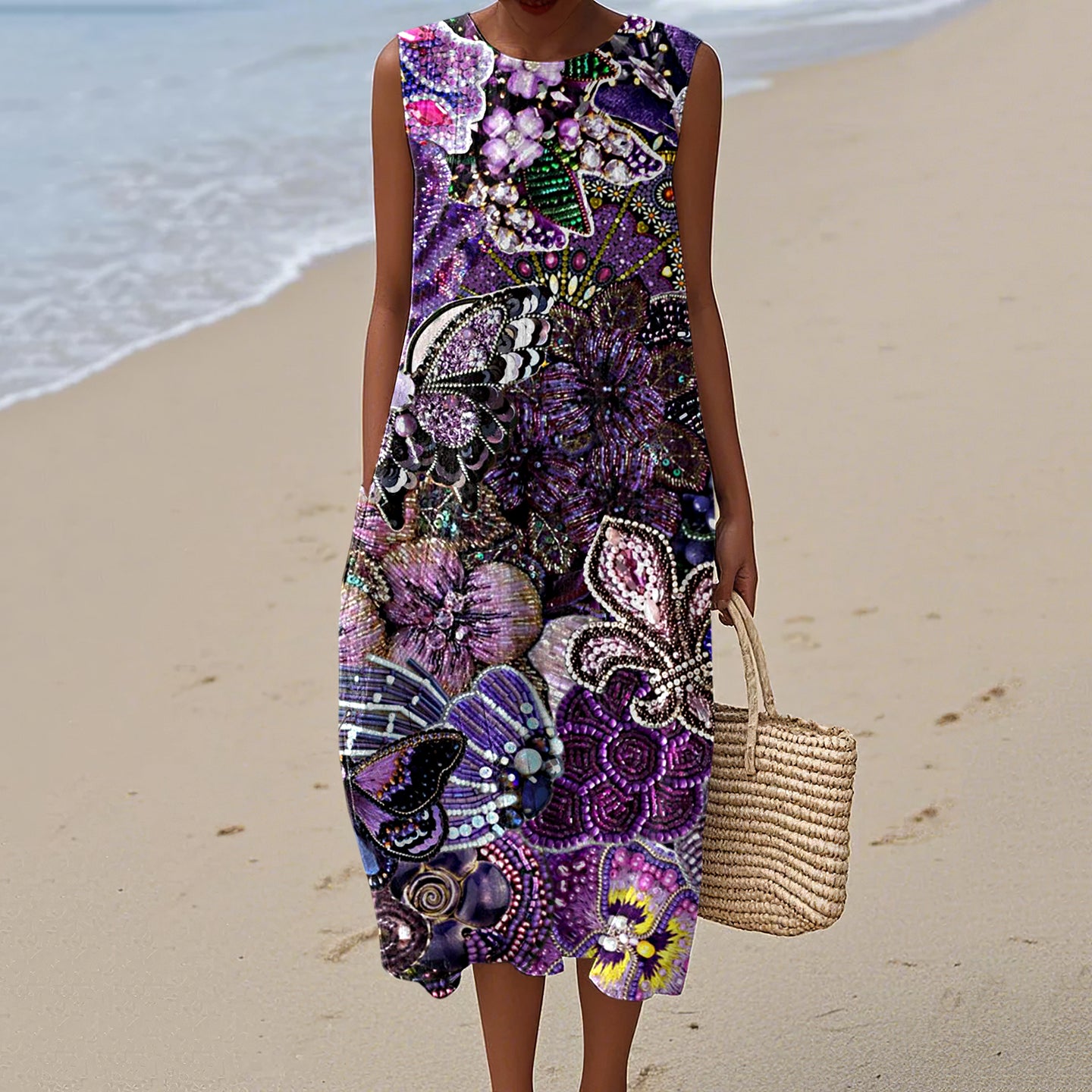 Women's Beaded Flower Butterfly Art Print Crew Neck Tank Midi Dress artswardrobe